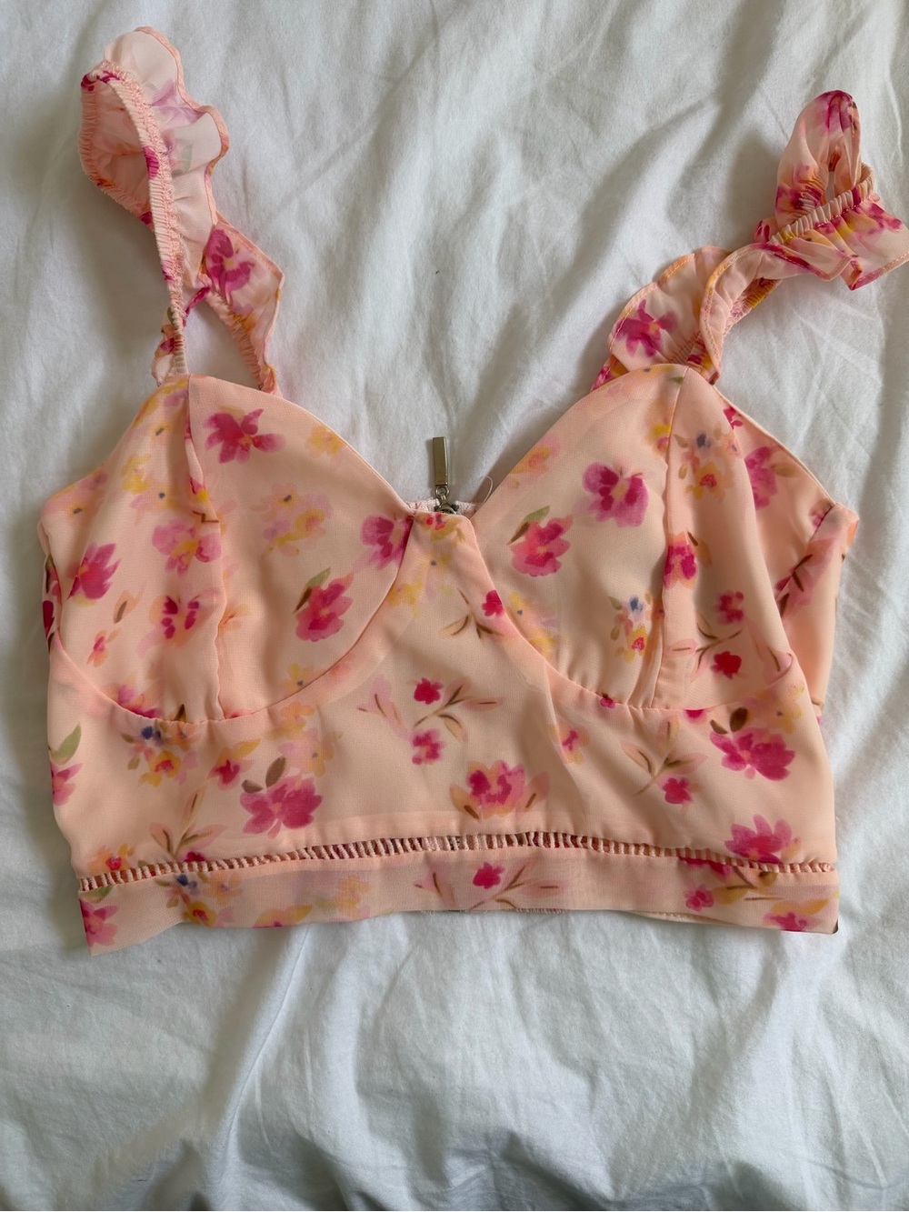 Kendall & Kylie Peach Floral Ruffle-Strap Bandeau